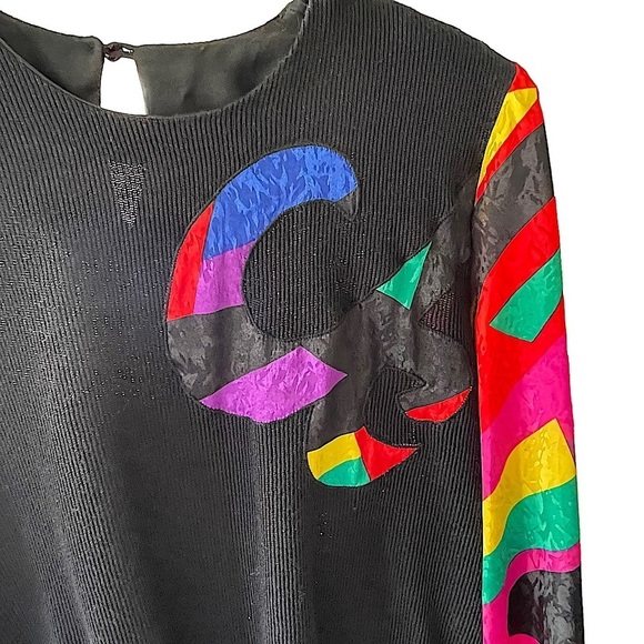 VINTAGE Gianna Black Knit Sweater with Bright Silky Print Sleeves & Applique 10 - Picture 4 of 8
